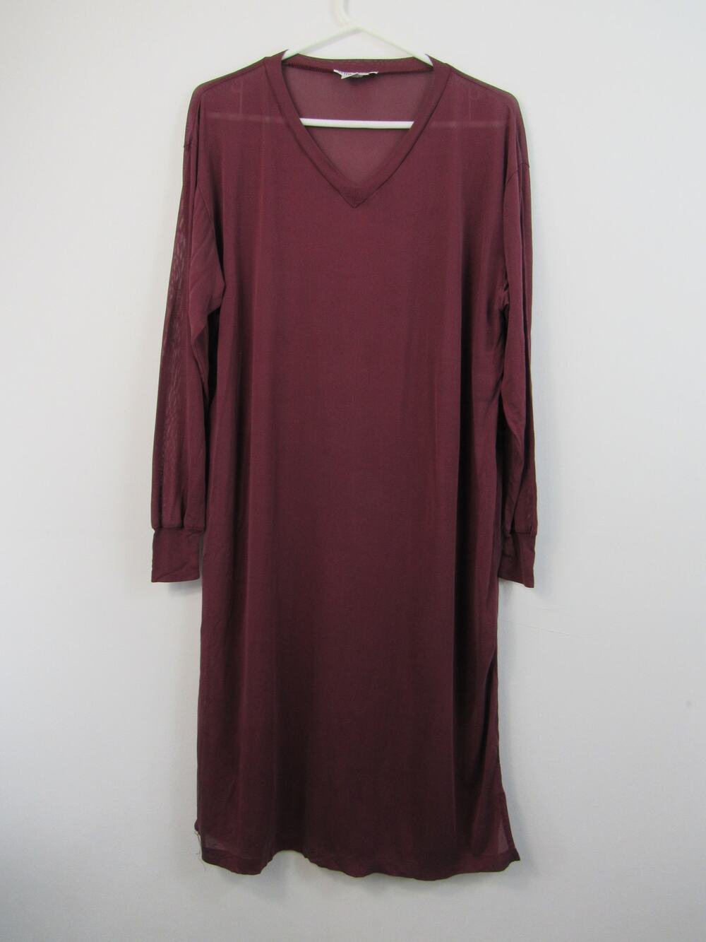 WinterSilks Deep Red Large 100% Pure Silk Long Sleeve Dress Sheer V Neck